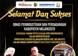 SELAMAT DAN SUKSES DINAS PERINDUSTRIAN DAN PERDAGANGAN KABUPATEN MOJOKERTO ATAS PENERIMAAN PIAGAM PENGHARGAAN DARI KEJAKSAAN NEGERI KAB. MOJOKERTO